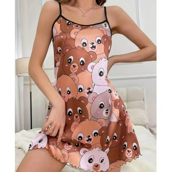 Cute Bear Print Lettuce Trim Slip Nightdress, Round Neck Backless Sleep Dress - Picture 1 of 3